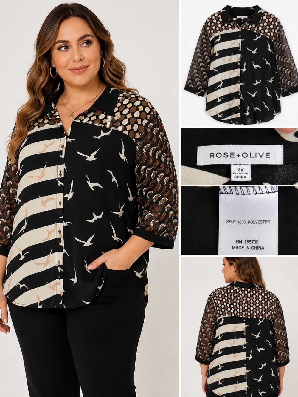 Rose + Olive Blouse Women 2X Black BirdPrint Button Front Sheer Sleeve Top Plus.